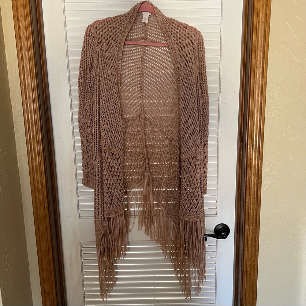 Chicos Travelers Collection Open Loose Knit Fringe Blush Cardigan Chico's Size 1